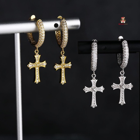 Sterling Silver Mens Cross 18k Gold Vermeil Hoops Earrings. - Picture 3 of 6